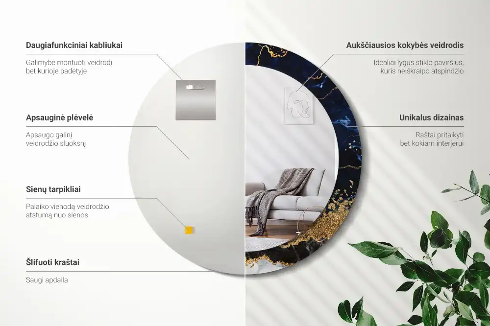 Oglinda rotunda imprimata marmură albastră