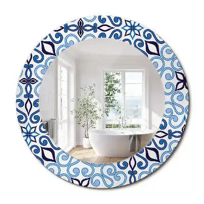 Oglindă decorativă rotundă cu model arab albastru