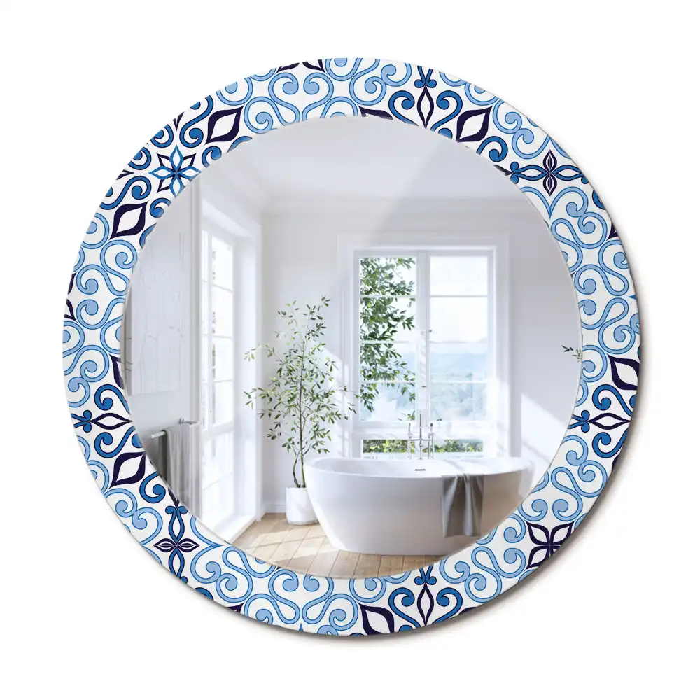 Oglindă decorativă rotundă cu model arab albastru
