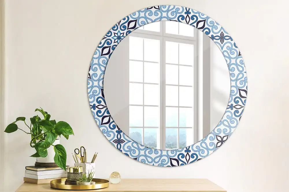 Oglindă decorativă rotundă cu model arab albastru