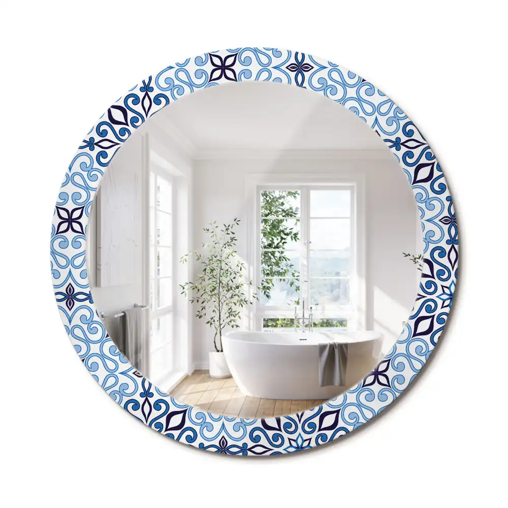 Oglindă decorativă rotundă cu model arab albastru