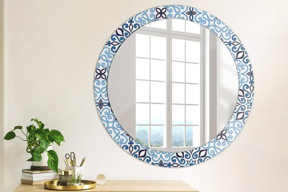 Oglindă decorativă rotundă cu model arab albastru