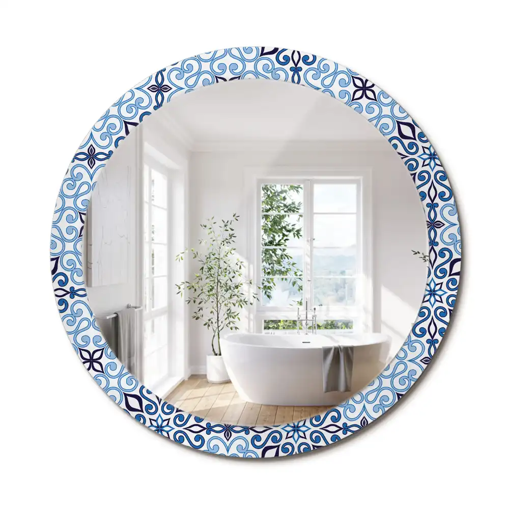 Oglindă decorativă rotundă cu model arab albastru