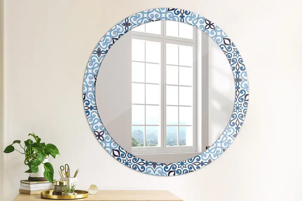 Oglindă decorativă rotundă cu model arab albastru