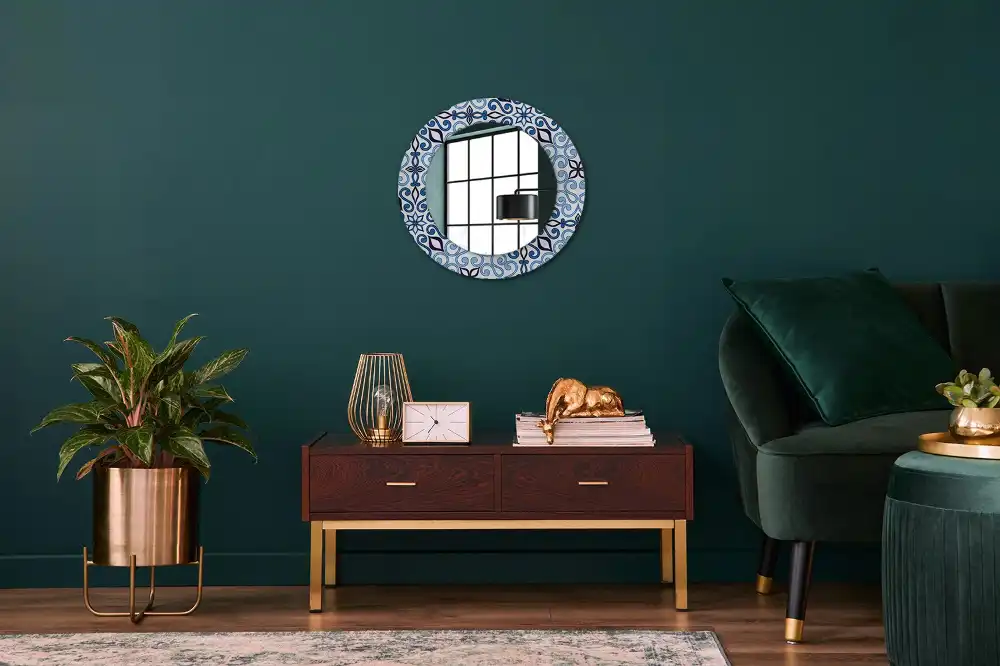 Oglindă decorativă rotundă cu model arab albastru