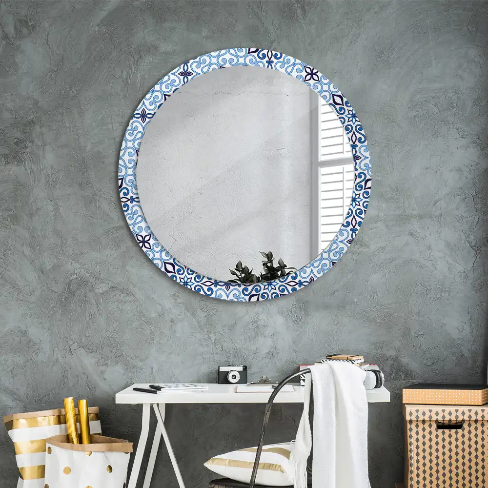 Oglindă decorativă rotundă cu model arab albastru