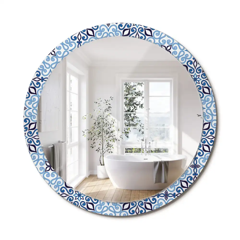 Oglindă decorativă rotundă cu model arab albastru