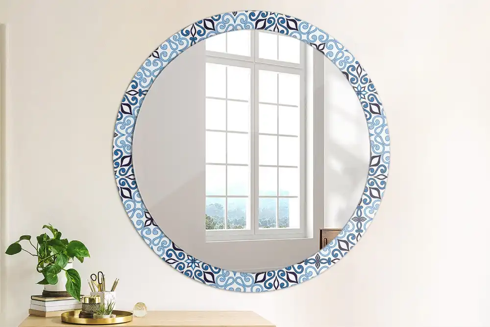 Oglindă decorativă rotundă cu model arab albastru