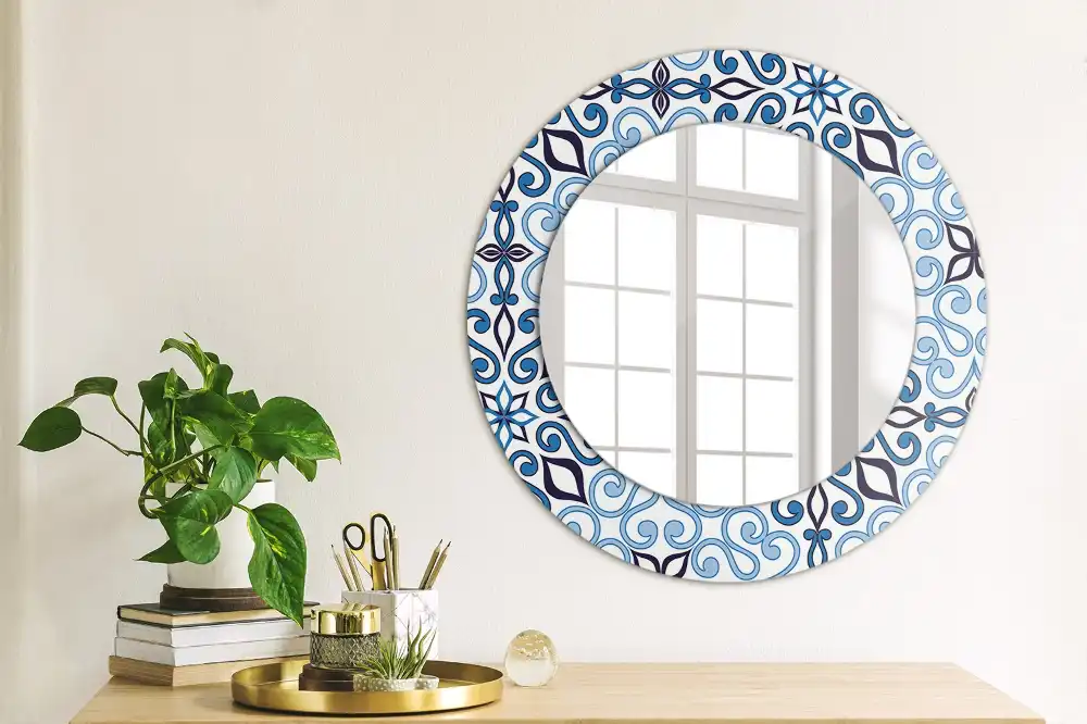 Oglindă decorativă rotundă cu model arab albastru