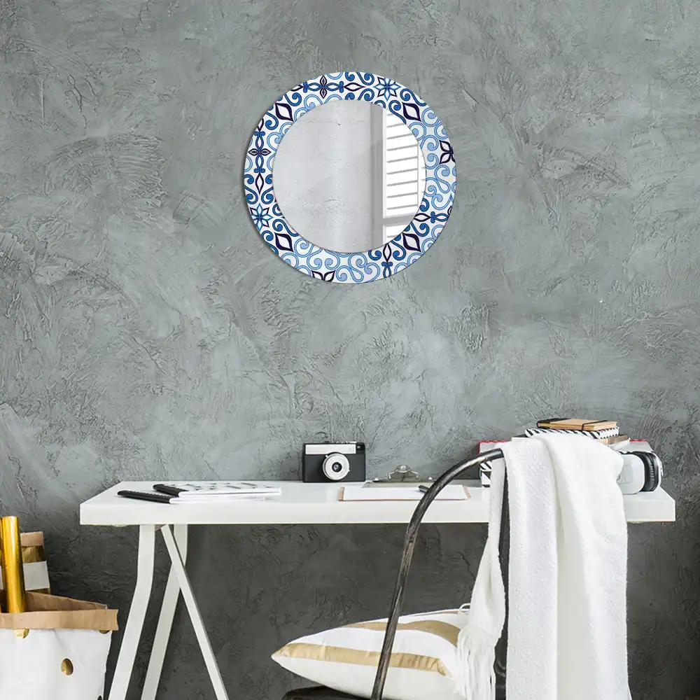 Oglindă decorativă rotundă cu model arab albastru