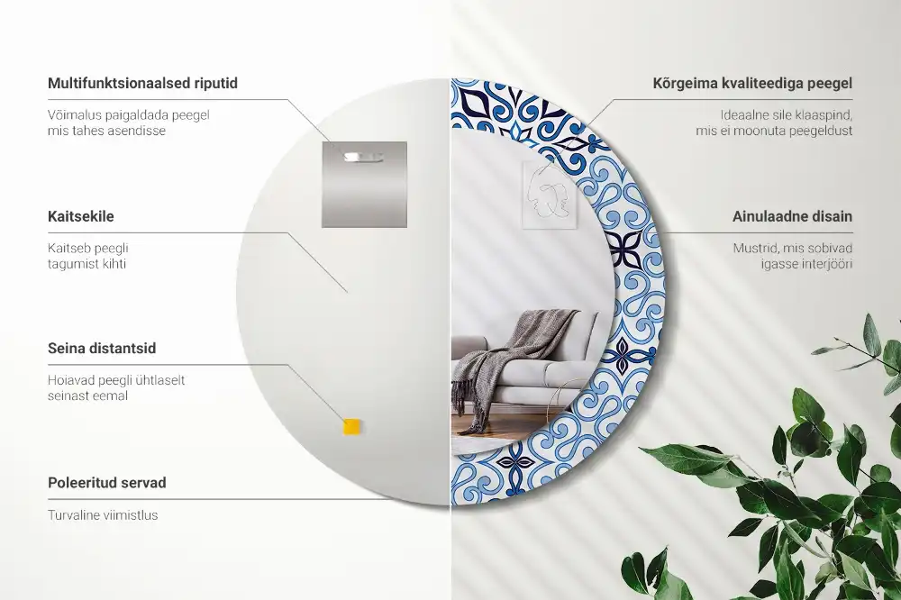 Oglindă decorativă rotundă cu model arab albastru