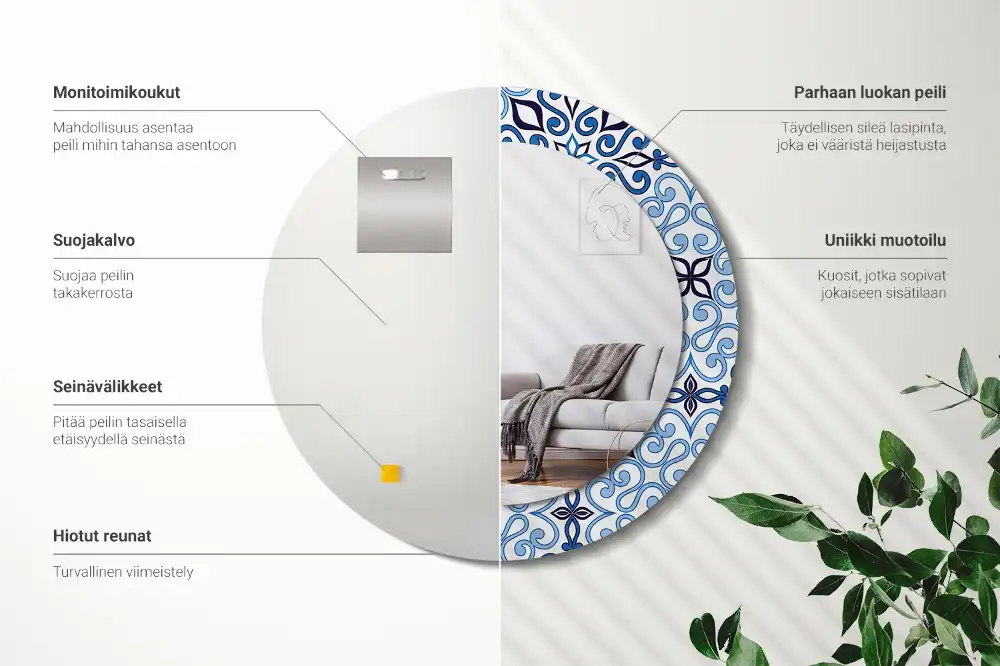 Oglindă decorativă rotundă cu model arab albastru