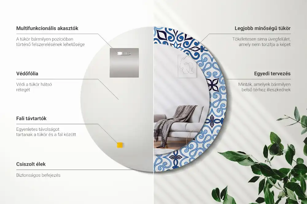 Oglindă decorativă rotundă cu model arab albastru