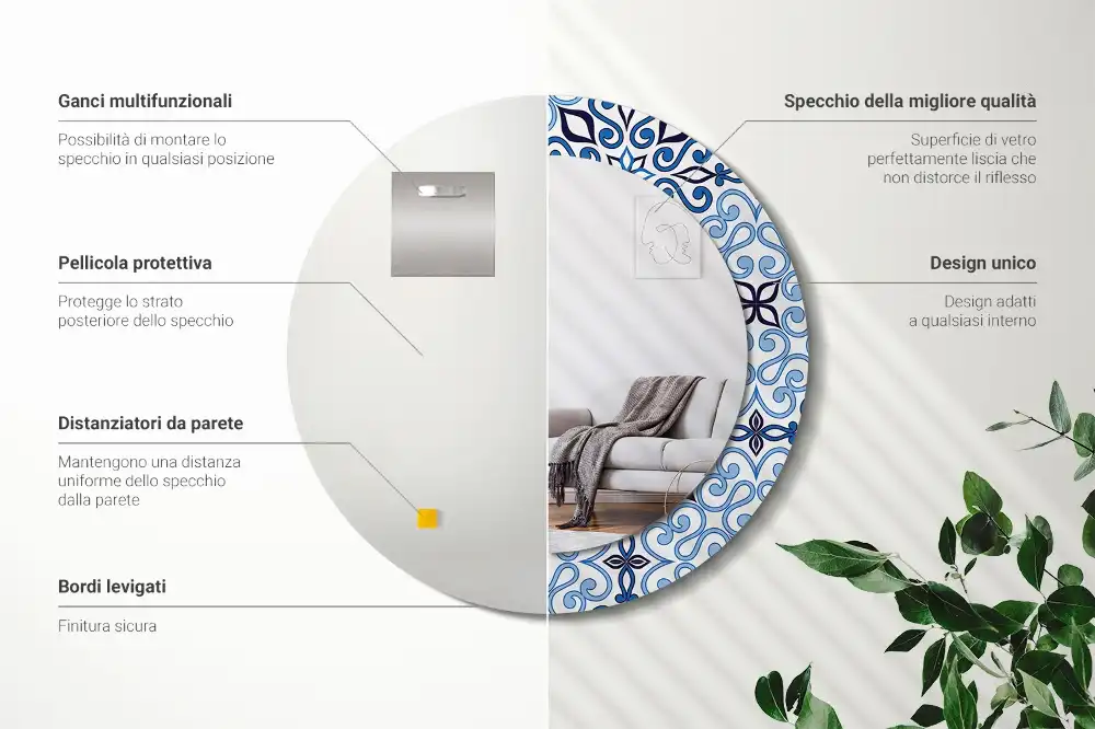 Oglindă decorativă rotundă cu model arab albastru