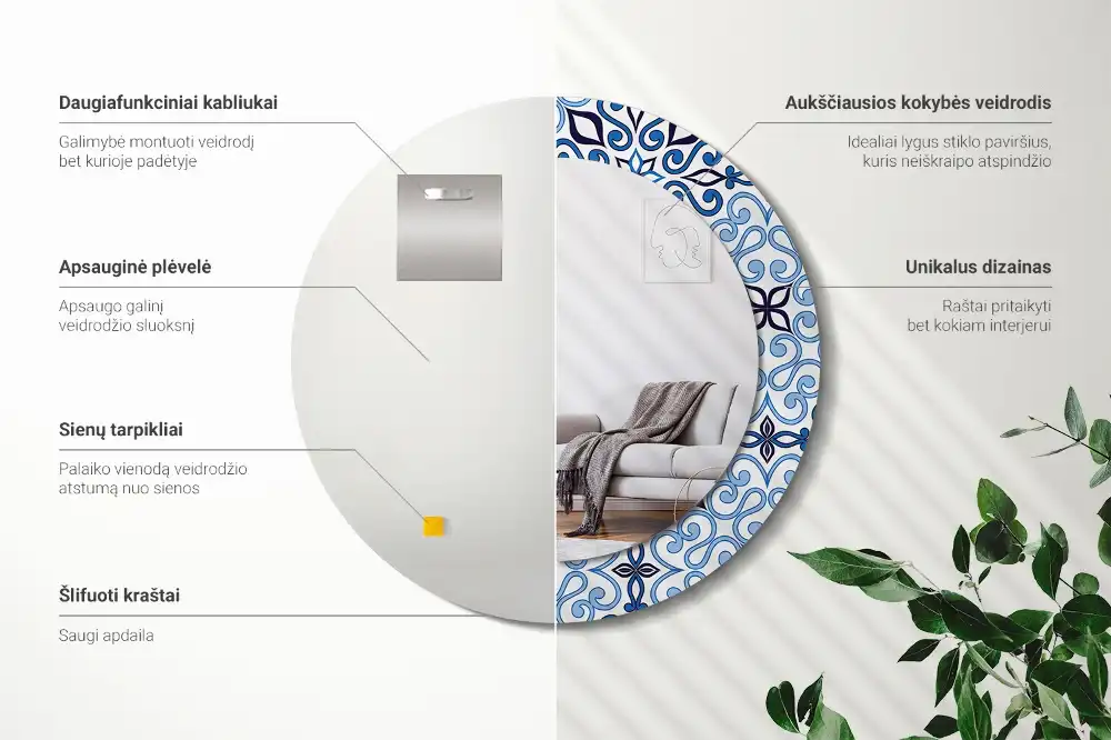 Oglindă decorativă rotundă cu model arab albastru