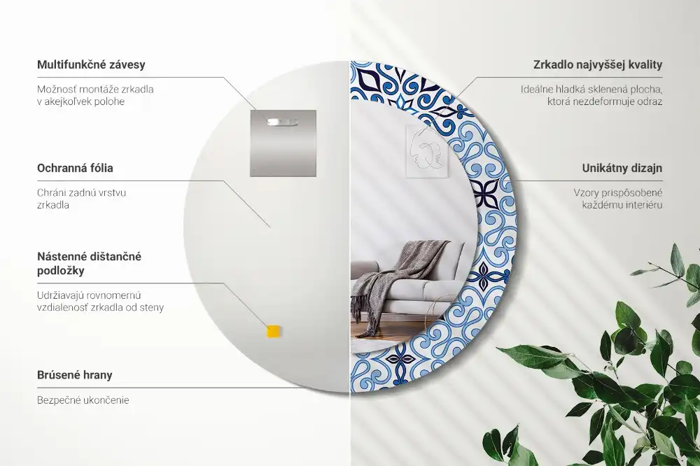Oglindă decorativă rotundă cu model arab albastru