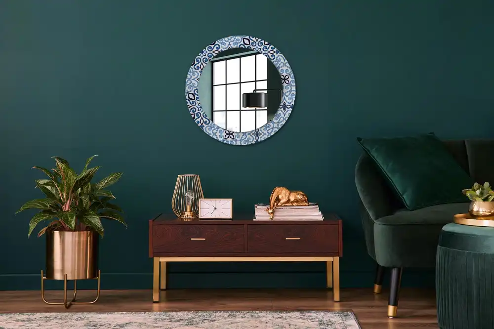 Oglindă decorativă rotundă cu model arab albastru