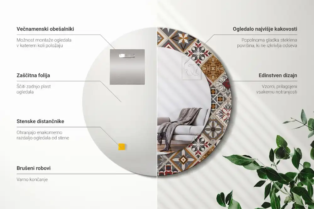 Oglindă rotundă cu ramă imprimată cu model turcesc