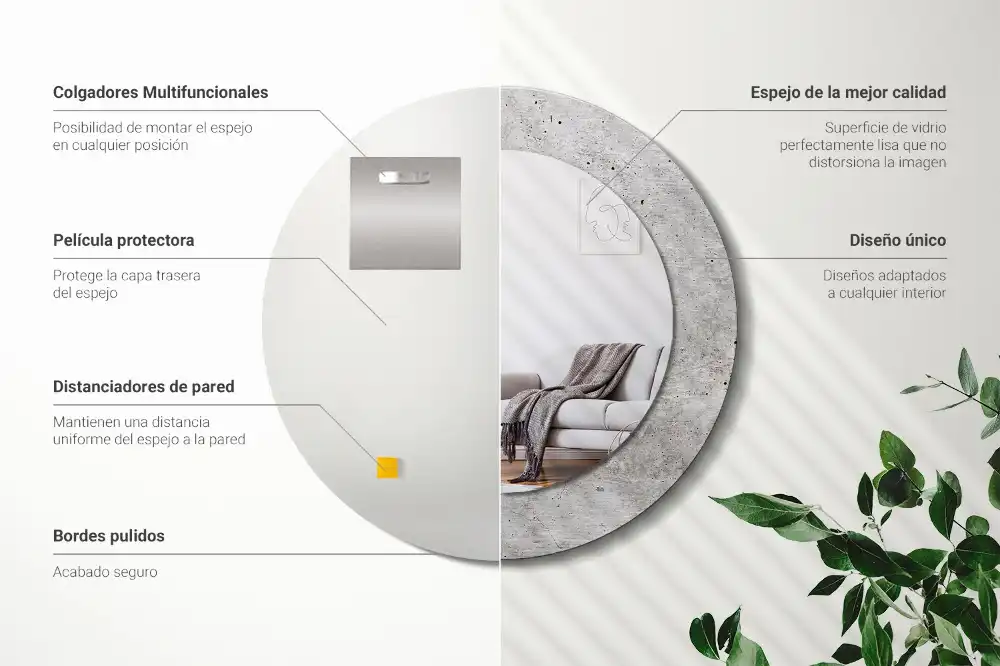 Oglindă rotundă cu ramă cu imprimeu beton gri