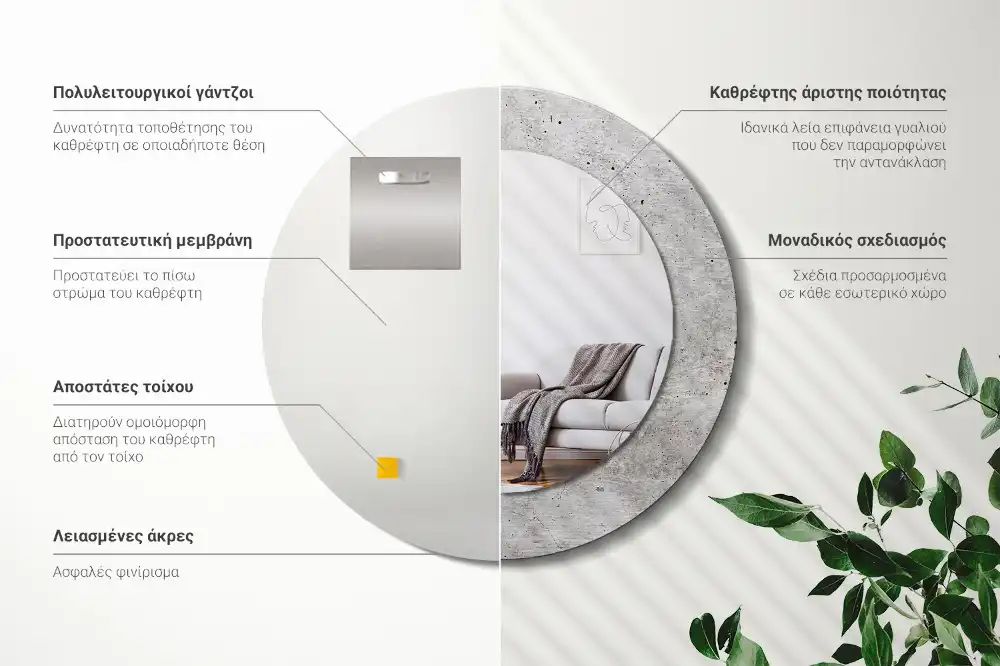 Oglindă rotundă cu ramă cu imprimeu beton gri