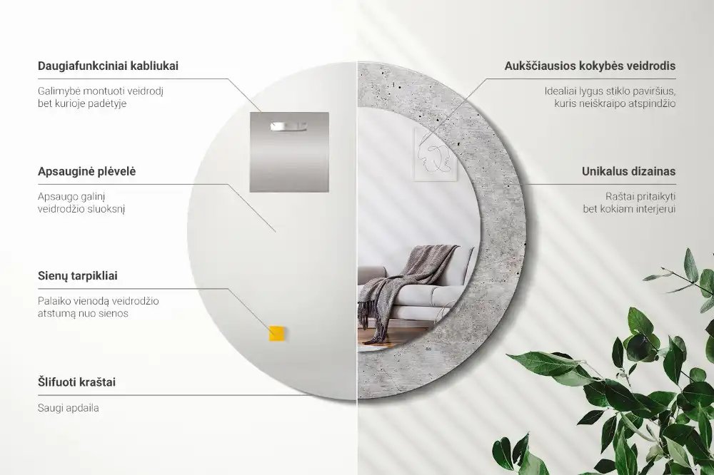 Oglindă rotundă cu ramă cu imprimeu beton gri