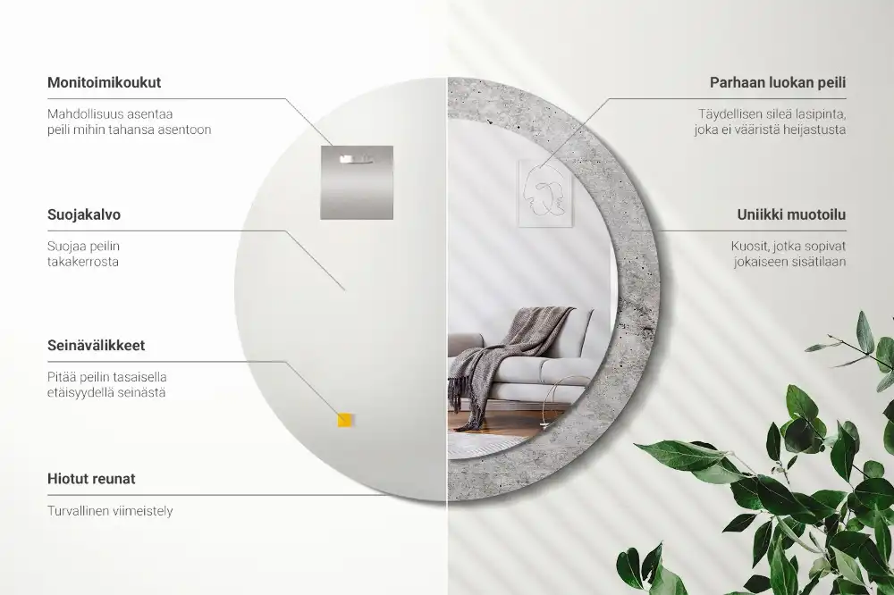 Oglindă rotundă cu ramă cu imprimeu beton gri