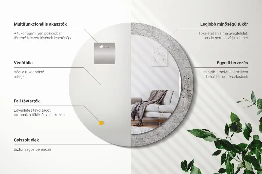 Oglindă rotundă cu ramă cu imprimeu beton gri