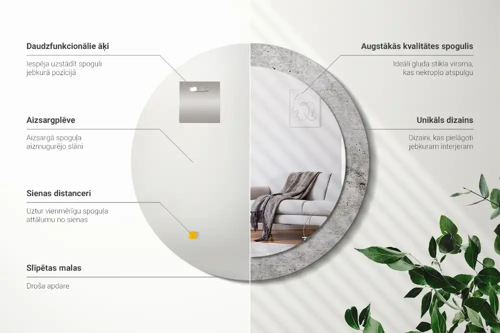 Oglindă rotundă cu ramă cu imprimeu beton gri