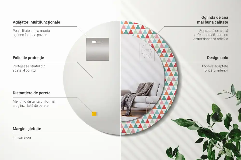 Oglindă rotundă decorativă de perete cu model geometric