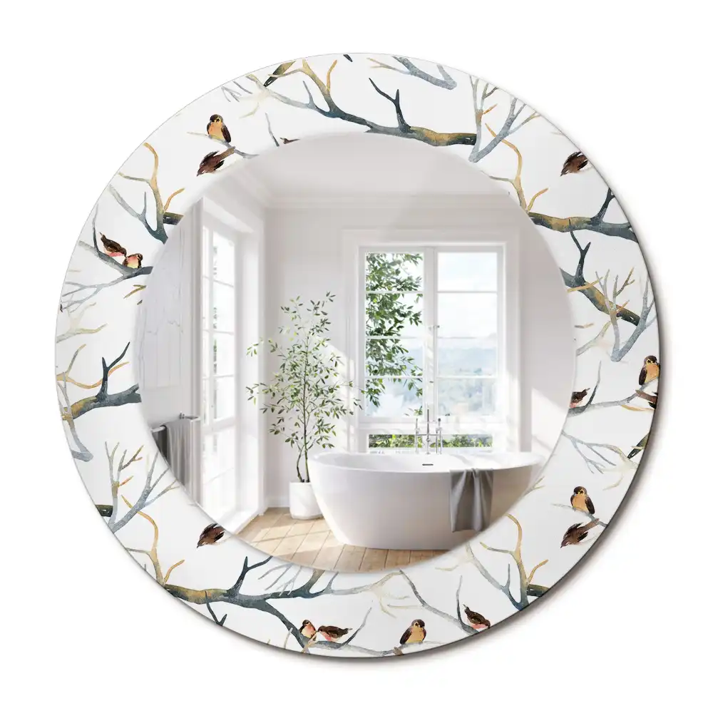 Oglindă rotundă decorativă de perete cu ramuri și păsări