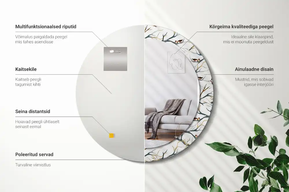 Oglindă rotundă decorativă de perete cu ramuri și păsări