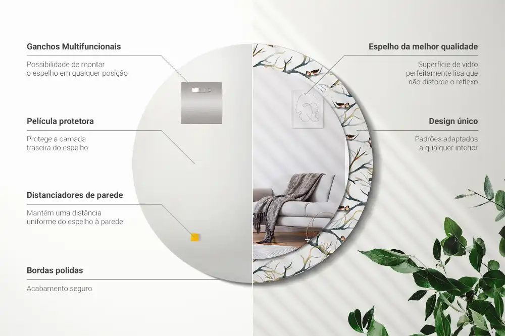 Oglindă rotundă decorativă de perete cu ramuri și păsări