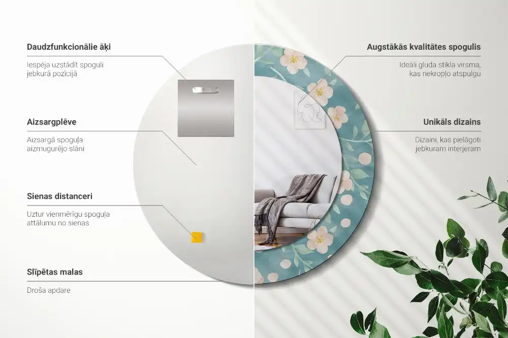 Oglindă rotundă cu imprimeu floral