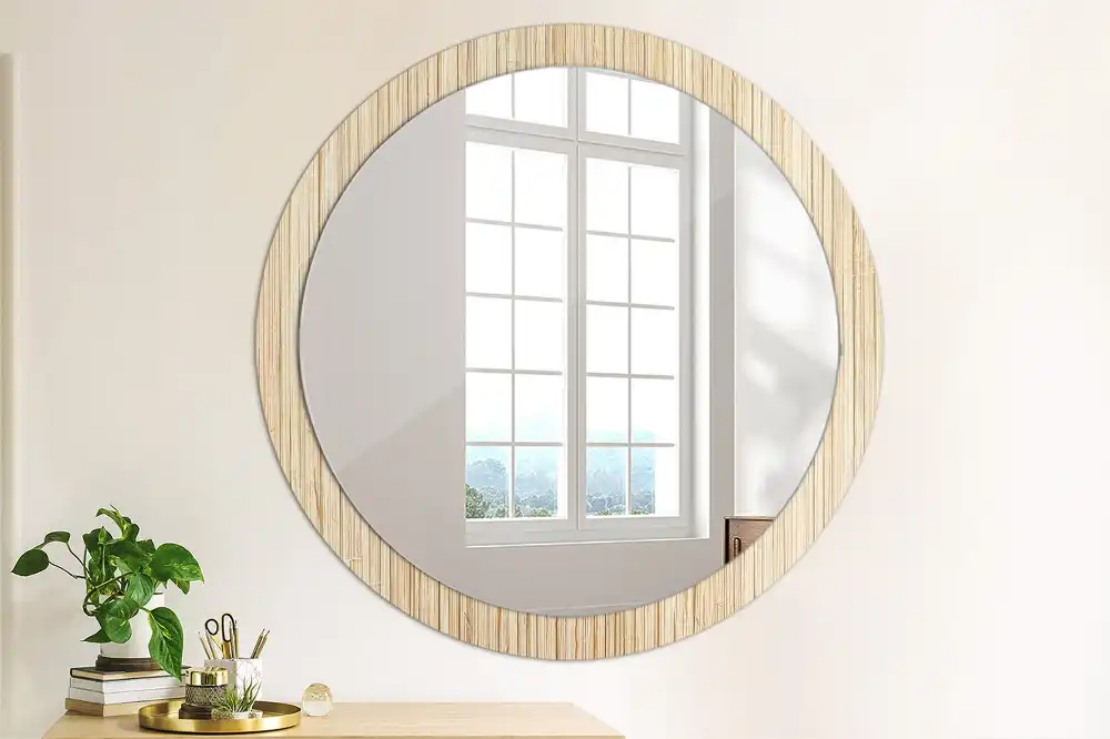 Oglindă rotundă decorativă cu ramă din paie de bambus
