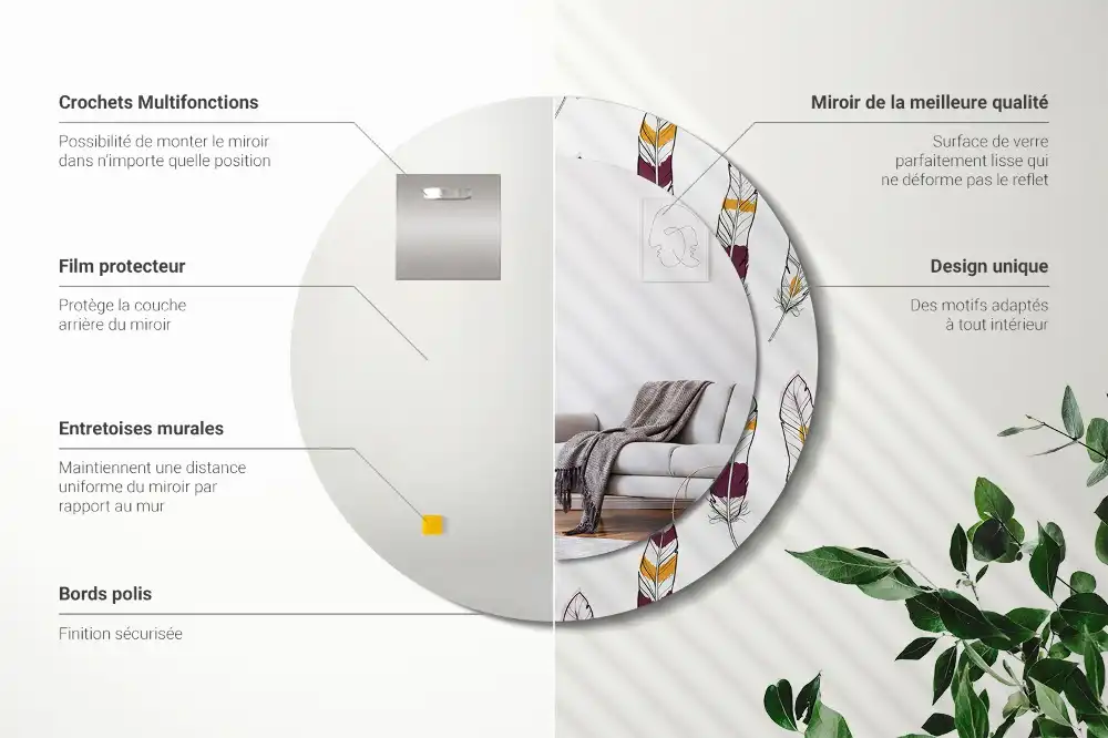 Oglindă rotundă de perete decorativă cu pene