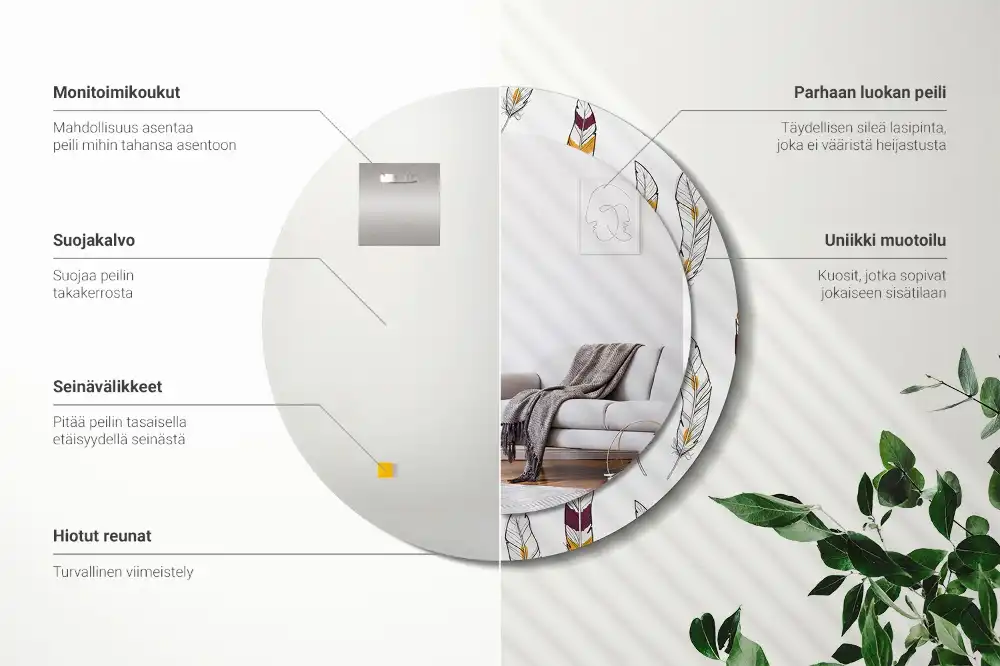 Oglindă rotundă de perete decorativă cu pene