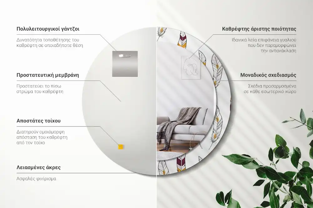Oglindă rotundă de perete decorativă cu pene