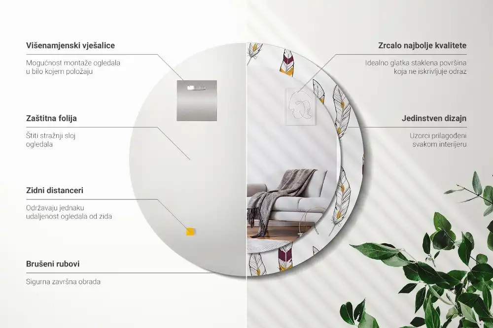 Oglindă rotundă de perete decorativă cu pene