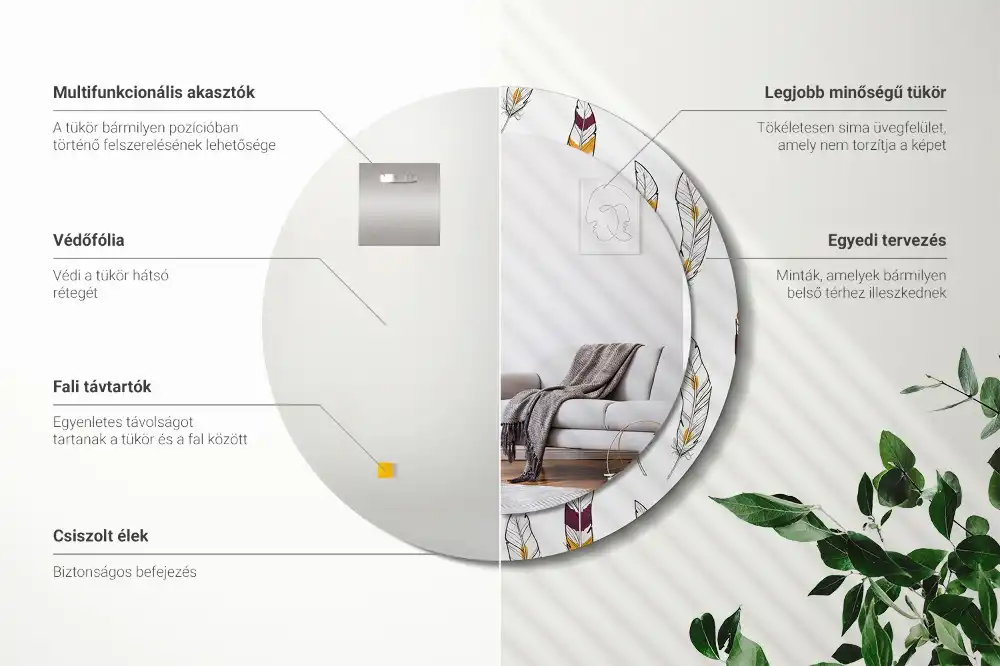 Oglindă rotundă de perete decorativă cu pene
