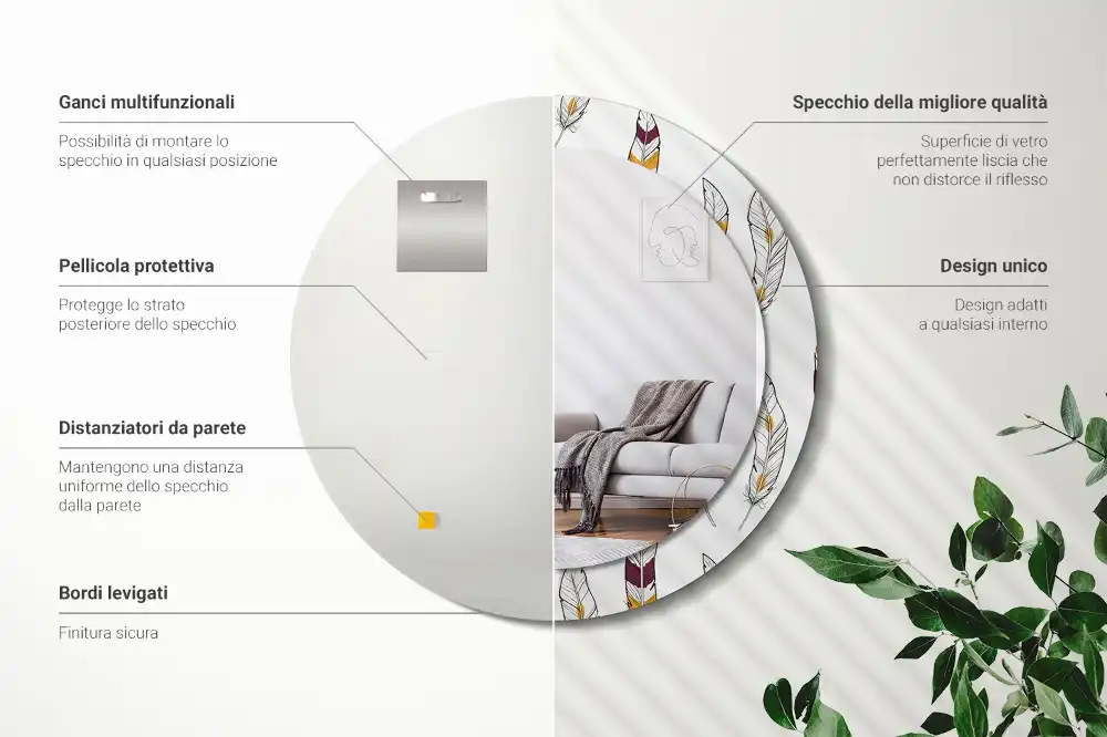 Oglindă rotundă de perete decorativă cu pene
