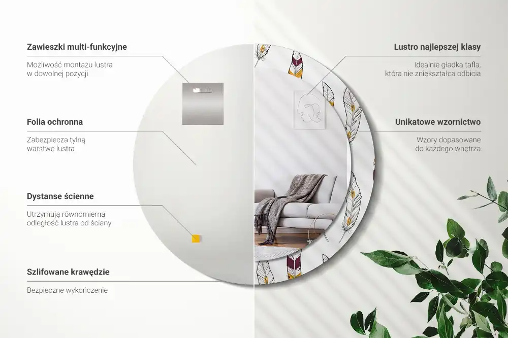 Oglindă rotundă de perete decorativă cu pene