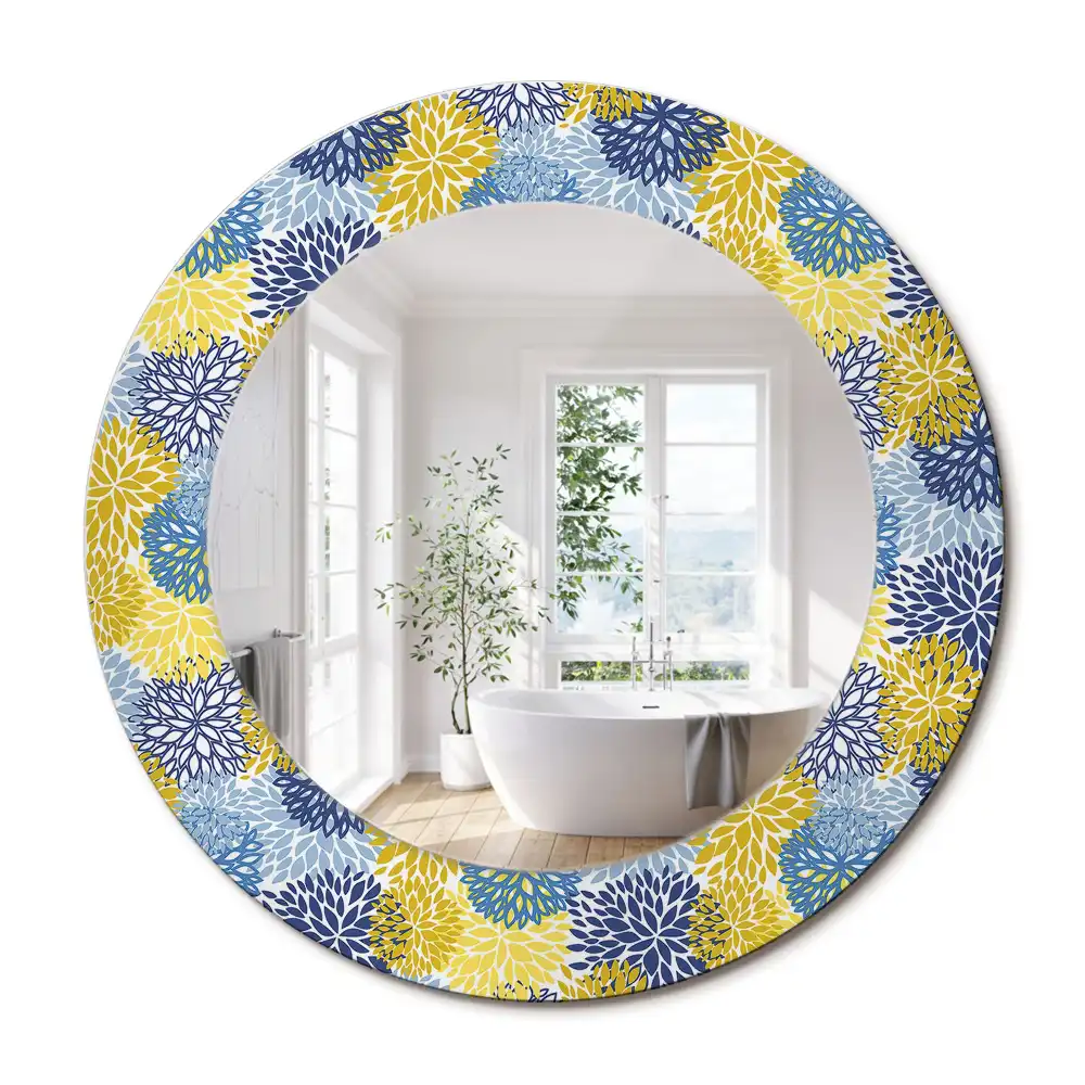 Oglinda rotundă cu ramă decorată cu imprimeu floral albastru