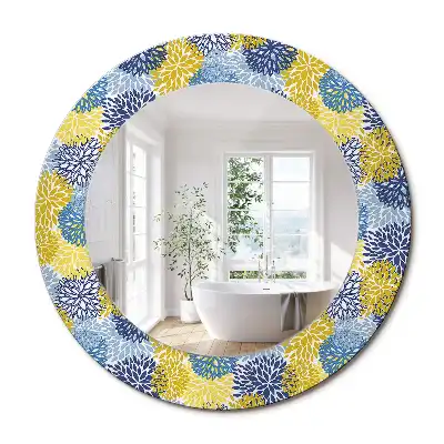 Oglinda rotundă cu ramă decorată cu imprimeu floral albastru