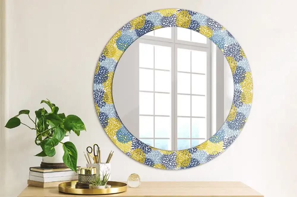 Oglinda rotundă cu ramă decorată cu imprimeu floral albastru