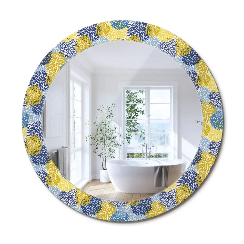 Oglinda rotundă cu ramă decorată cu imprimeu floral albastru