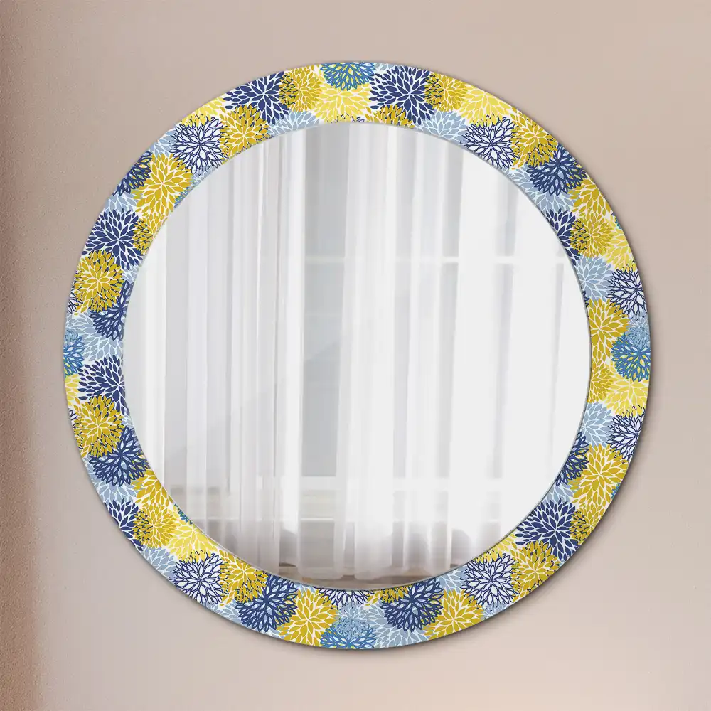 Oglinda rotundă cu ramă decorată cu imprimeu floral albastru