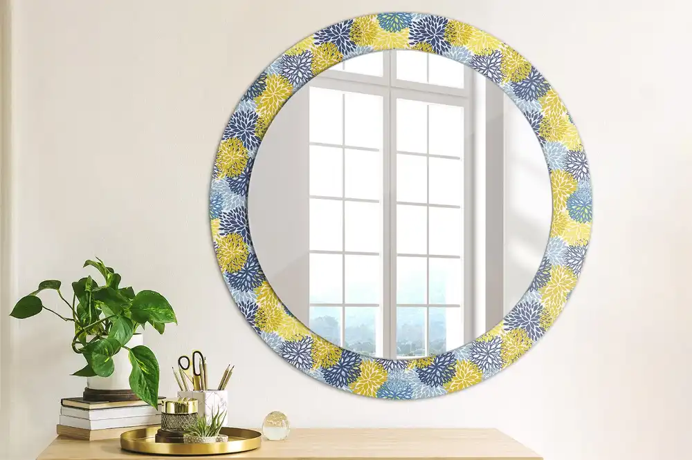 Oglinda rotundă cu ramă decorată cu imprimeu floral albastru
