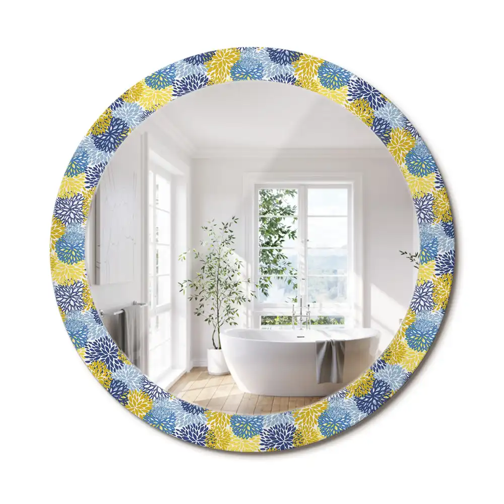 Oglinda rotundă cu ramă decorată cu imprimeu floral albastru