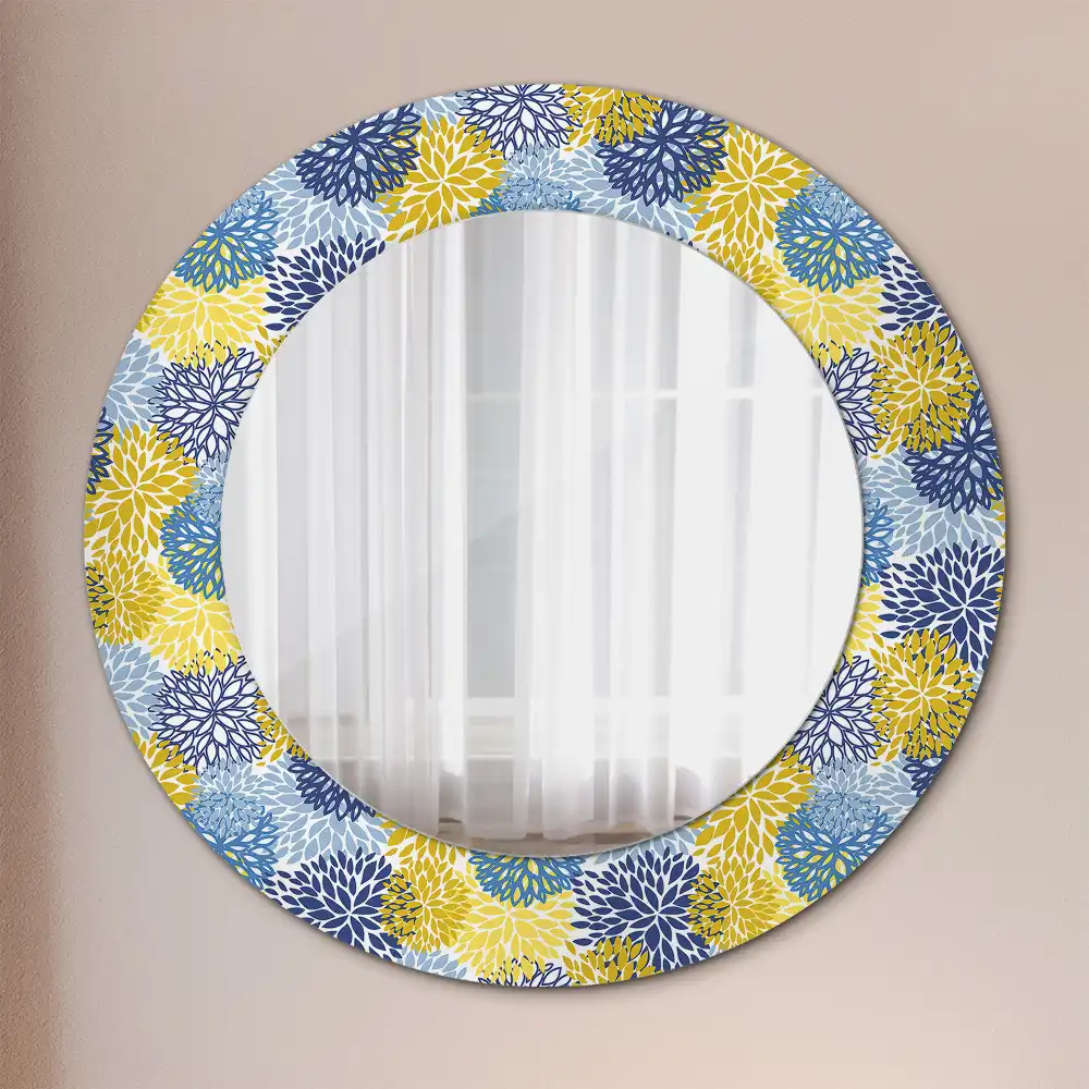 Oglinda rotundă cu ramă decorată cu imprimeu floral albastru