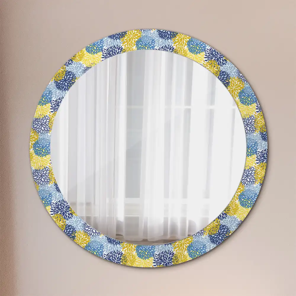 Oglinda rotundă cu ramă decorată cu imprimeu floral albastru